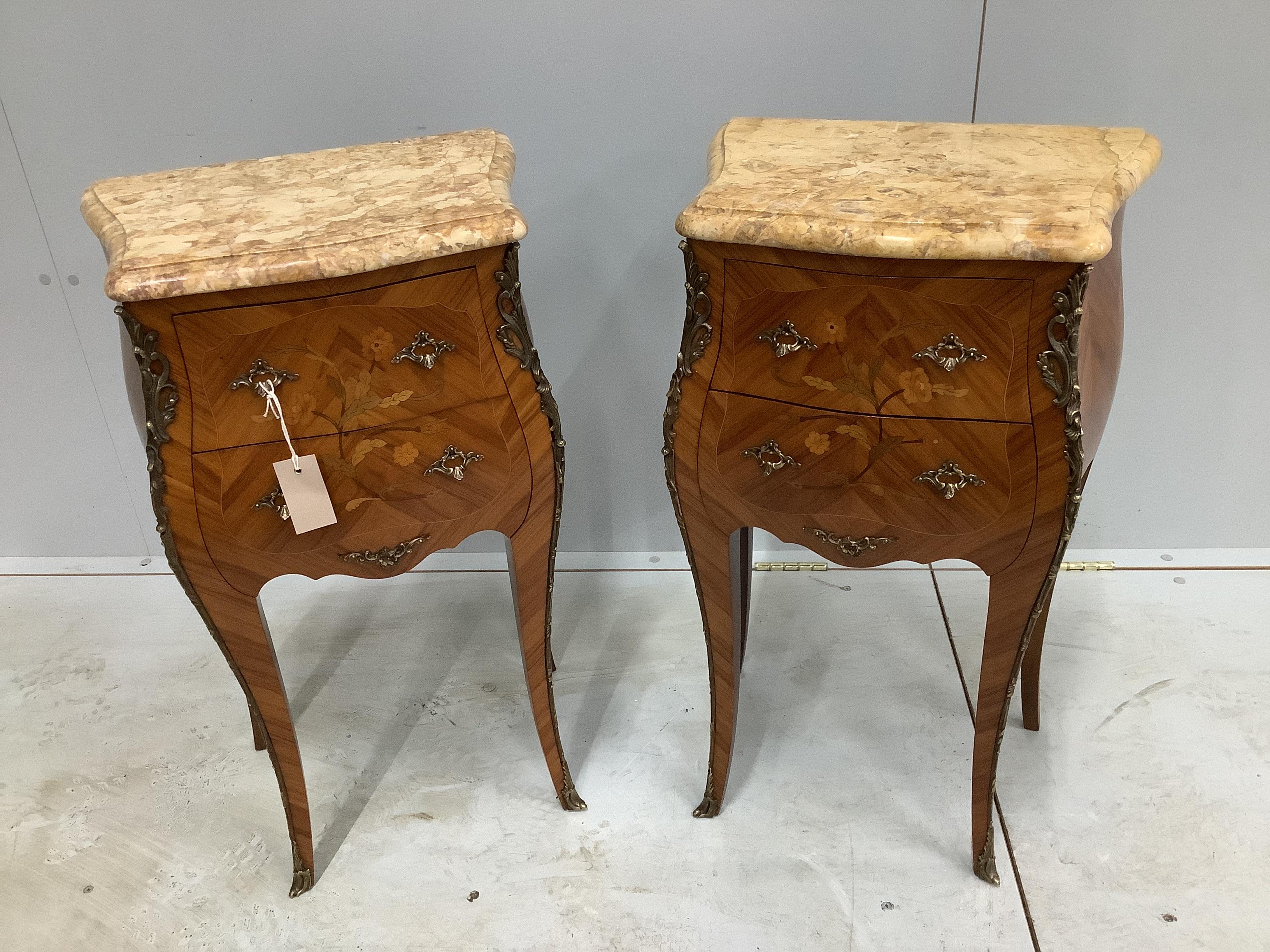 A pair of Louis XV style gilt metal mounted inlaid kingwood marble top bombe bedside chests, width 42cm, depth 30cm, height 72cm